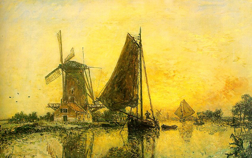 Johann Barthold Jongkind In Holland ; Boats near the Mill